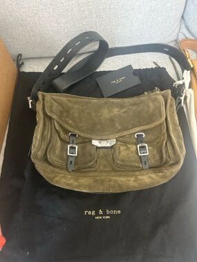 rag & bone Olive Suede bag with Buckle Front and black adj  strap with dust bag